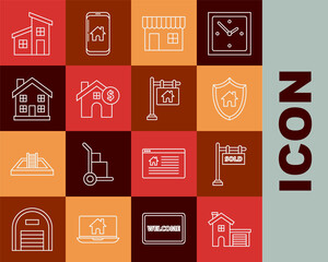 Set line House, Hanging sign with text Sold, shield, Shopping building or market store, dollar symbol, Home, and Sale icon. Vector