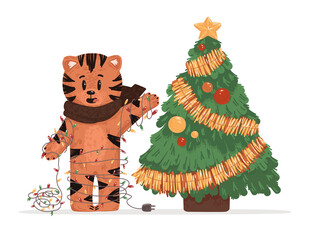 A cute tiger decorates the Christmas tree. The tiger is entangled in a garland. Christmas vector illustration. The symbol of the Chinese New Year 2022. Great for postcards and children's party decor.