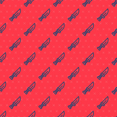 Obraz premium Blue line Dagger icon isolated seamless pattern on red background. Knife icon. Sword with sharp blade. Vector