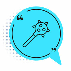 Black line Medieval chained mace ball icon isolated on white background. Morgenstern medieval weapon or mace with spikes. Blue speech bubble symbol. Vector