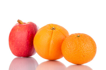 Ripe tangerine, orange and red apple, close-up, isolated on white.