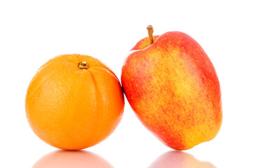 Ripe orange and red apple, close-up, isolated on white.