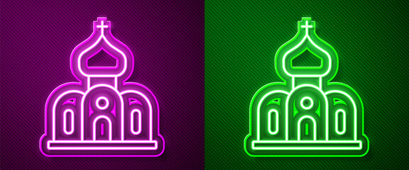 Glowing neon line Church building icon isolated on purple and green background. Christian Church. Religion of church. Vector