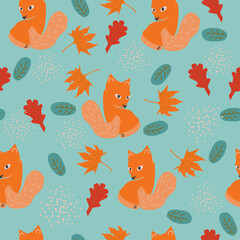 Seamless foxes pattern. Autumn fox, cute orange animal poster. Golden season foxy with leaf greeting card pattern, foxes character mascot wallpaper or wrapping cartoon vector illustration