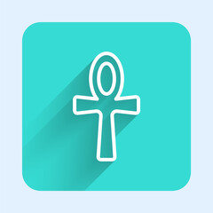Obraz premium White line Cross ankh icon isolated with long shadow background. Egyptian word for life or symbol of immortality. Green square button. Vector