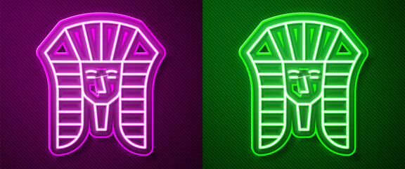 Fototapeta na wymiar Glowing neon line Egyptian pharaoh icon isolated on purple and green background. Vector