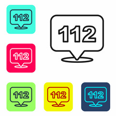 Black line Telephone with emergency call 911 icon isolated on white background. Police, ambulance, fire department, call, phone. Set icons in color square buttons. Vector