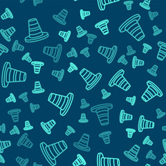 Green line Traffic cone icon isolated seamless pattern on blue background. Vector