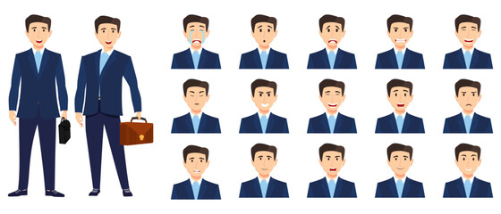 Fototapeta Businessman set an avatar set with different facial expression and emotion angry cry happy unhappy sad excited cheerful isolated posing with clipboard obraz