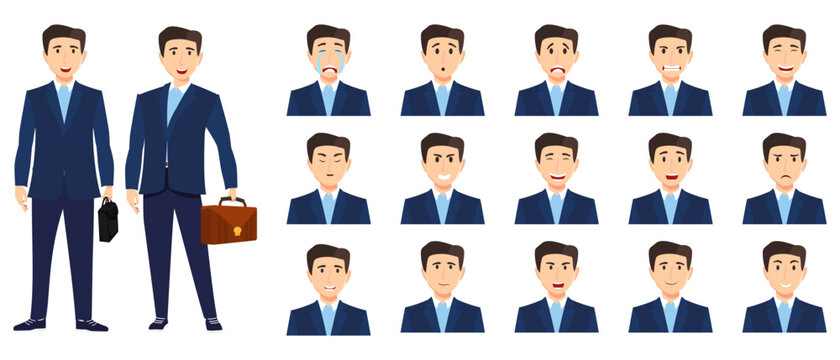 Businessman set an avatar set with different facial expression and emotion angry cry happy unhappy sad excited cheerful isolated posing with clipboard