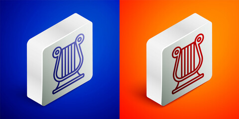Isometric line Ancient Greek lyre icon isolated on blue and orange background. Classical music instrument, orhestra string acoustic element. Silver square button. Vector