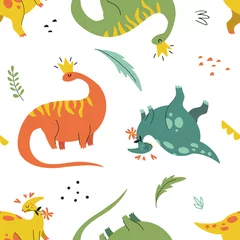 Tapeten Seamless pattern with funny dinosaurs in hand drawn style. Creative childish texture. Great for fabric, textile. Isolated on white background vector illustration © Tatiana