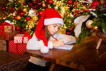 Merry Christmas and Happy Holidays. little child girl in santa claus cap writes letter Santa Claus and dreams of a gift background New Year tree indoors. Greeting card, Christmas mood concept.