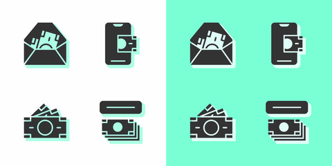 Set ATM and money, Envelope with dollar symbol, Stacks paper cash and Mobile banking icon. Vector