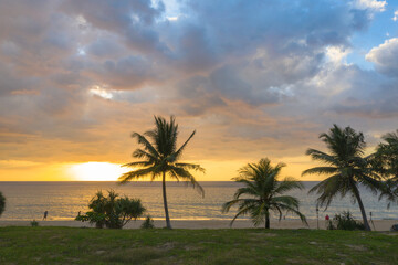 Scene of Colorful romantic sky sunset with coconuts in sunset background.cloud in sunset on Karon beach Phuket Thailand. .Scene of Colorful yellow light in the sky background.