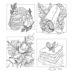 Coloring book for adults with food. Russian kurnik, Mexican burrito, Caucasian shish kebab and Italian lasagna © Анна Пасхалиди