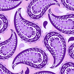 Seamless paisley ornament in shades of purple. Pattern Turkish cucumber, Persian cypress, Indian palm leaf. For the design of fabrics, textiles, packaging.