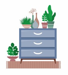 House plants and chest of drawers. Nature, botany interior decoration. Coziness  room. Vector illustration