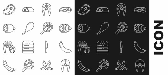 Set line Fish steak, Sausage, Salami sausage, Chicken leg, Steak meat and in frying pan icon. Vector