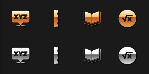 Set XYZ Coordinate system, Ruler, Open book and Square root of x glyph icon. Vector