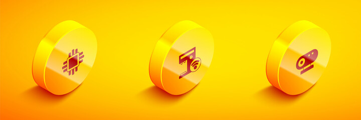 Set Isometric Processor with CPU, Smart coffee machine and Web camera icon. Vector