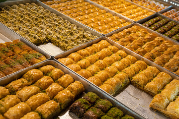 Turkish desserts on candy shop in Istanbul