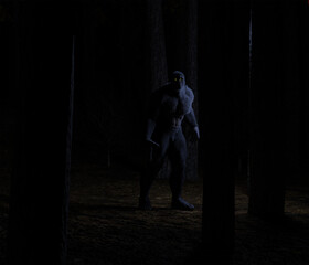 Bigfoot cryptid in a forest at night