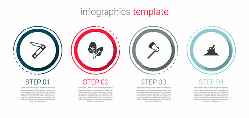 Set Swiss army knife, Tropical leaves, Wooden axe and Tree stump. Business infographic template. Vector