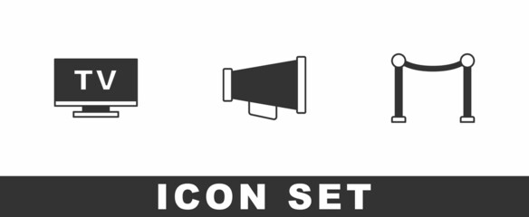 Set Smart Tv, Megaphone and Rope barrier icon. Vector