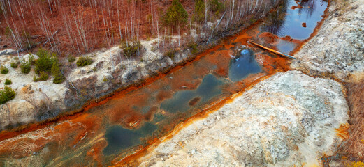 The reservoir is contaminated with chemicals and heavy metals. Drone view. Multicolored water.