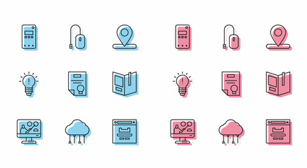 Set line Online education, Network cloud connection, Mobile phone, Browser window, Certificate template, Open book, Light bulb with concept of idea and Computer mouse icon. Vector