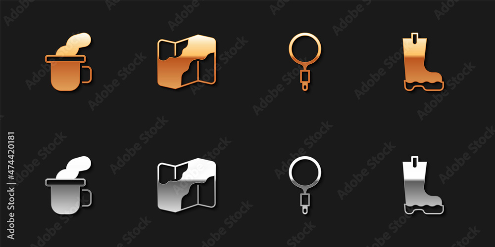 Sticker Set Cup of tea, Camping and hiking on map, Magnifying glass and Waterproof rubber boot icon. Vector