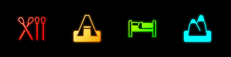 Set Match stick, Tourist tent, Bed and Mountains icon. Vector