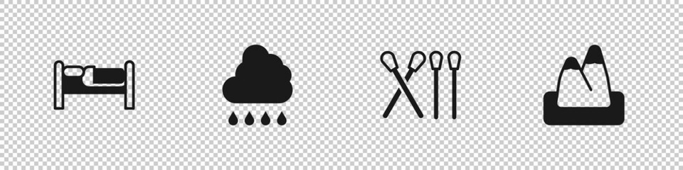 Set Bed, Cloud with rain, Match stick and Mountains icon. Vector