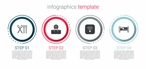 Naklejka premium Set Match stick, Barbecue grill, Wi-Fi wireless internet and Bed. Business infographic template. Vector