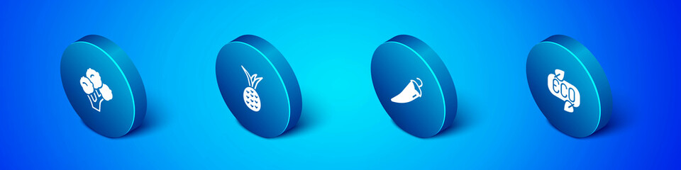 Set Isometric Broccoli, Hot chili pepper, Leaf Eco symbol and Pineapple icon. Vector