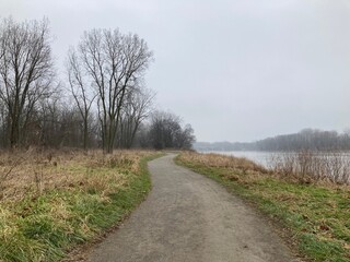 Fototapeta na wymiar path in autumn next to foggy river