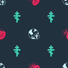 Set Christian bread, cross with globe and on seamless pattern. Vector