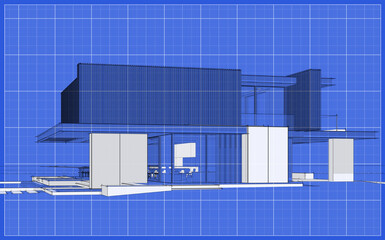 Fototapeta na wymiar 3d rendering of modern cozy house with parking and pool for sale or rent with wood plank facade. Black line sketch with white spot and blueprint background