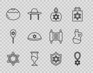 Set line Star of David, necklace on chain, Burning candle, Jewish goblet, sweet bakery, kippah, Shield with and Bottle olive oil icon. Vector