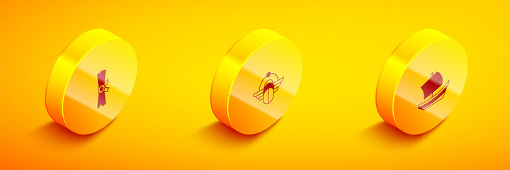 Set Isometric Papyrus scroll, Egyptian Scarab and ship icon. Vector