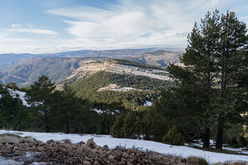 Snowy mountain with rocks and threes
