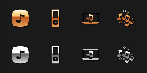 Set Music note, tone, player, Laptop with music and icon. Vector