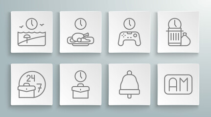 Set line Always busy, Food time, Work, Ringing bell, Morning, Gamepad of, Waste and Vacation icon. Vector
