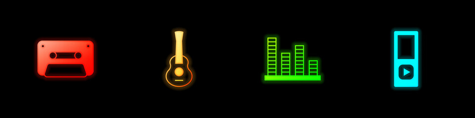 Set Retro audio cassette tape, Guitar, Music equalizer and player icon. Vector