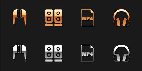 Set Air headphones, Stereo speaker, MP4 file document and Headphones icon. Vector