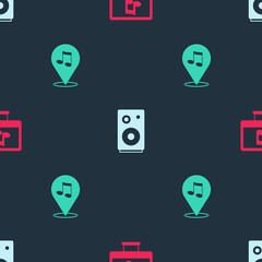 Set Computer with music note, Stereo speaker and Location musical on seamless pattern. Vector