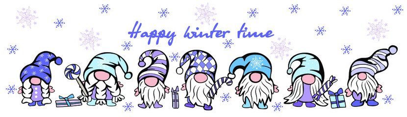 Happy winter time. Set of cute gnomes for winter holidays with hats, gift, candies and snowflakes. Can be used for poster, greeting cards, banners and stickers. Vector illustration