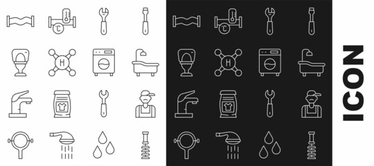 Set line Toilet brush, Plumber, Bathtub, Wrench spanner, Water tap, bowl, Industry metallic pipe and Washer icon. Vector