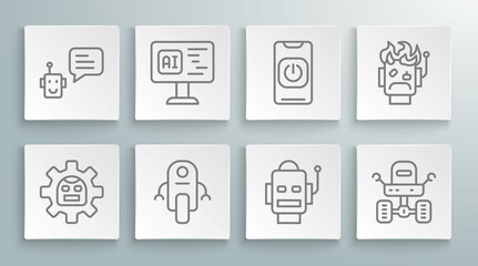 Set line Robot, Software, Mars rover, Turn off robot from phone, burned out and Bot icon. Vector